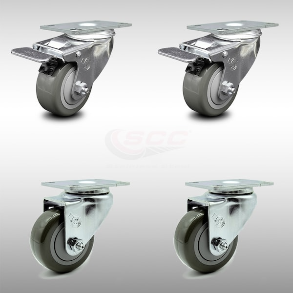 3.5 Inch SS Gray Polyurethane Top Plate Caster Total Lock Brakes SCC, 2PK